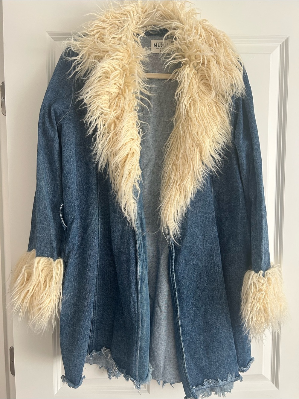 Show Me Your MuMu Blue Denim Coat with Cream Faux Fur Trim
